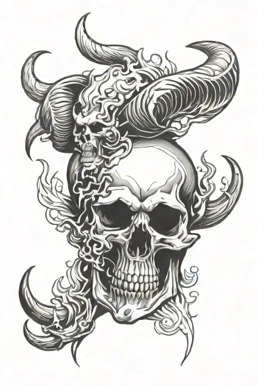 Demon skull with horns and smoke tattoo design idea