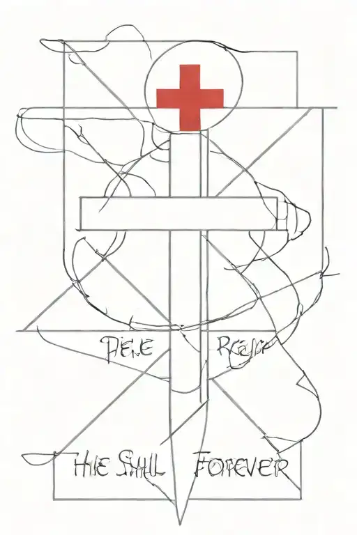Red Cross with the words "HE shall reign forever" and "HE" is also in red  tattoo design idea