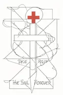 Red Cross with the words "HE shall reign forever" and "HE" is also in red  tattoo design idea