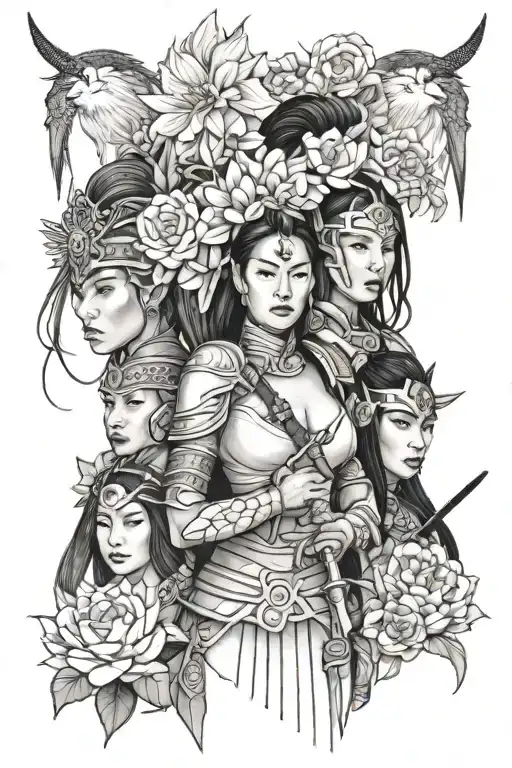 a white valkyrie, with a woman samurai, with a woman first nation warrior, with a black amazone warrior, with flowers tattoo design idea