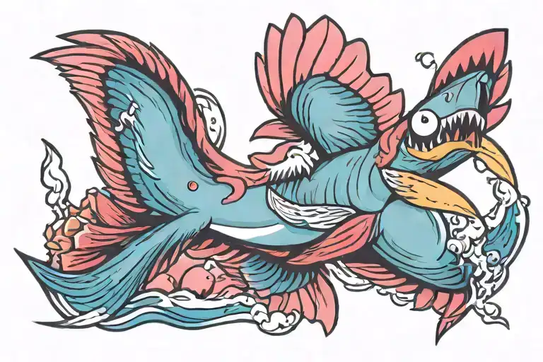 Galah bird flying around a shark swimming tattoo design idea