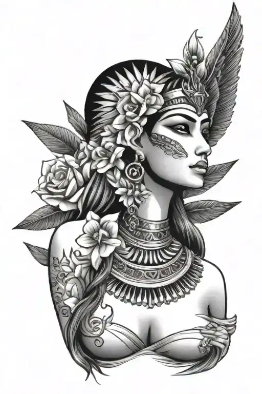 Egyptian goddess with flowers tattoo design idea