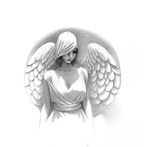 brunette female angel, sad bald man  tattoo design idea