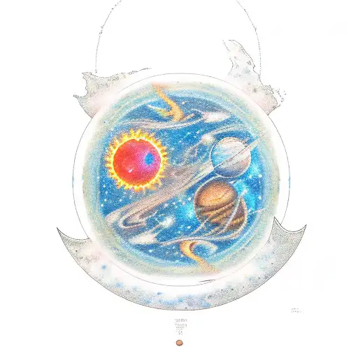  solar system, the universe, the ocean, shifting realities, astrology, libra, water, fire, earth, air all split into sec tattoo design idea