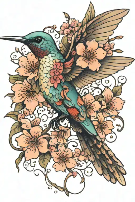 hummingbird made entirely from cherry blossoms tattoo design idea