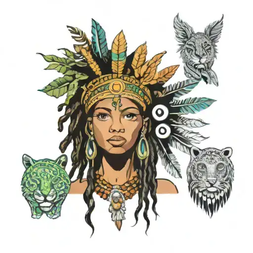 mixed race Caribbean spiritual goddess surrounded with wild animals including Hamsas hand, Rastafarian, symbol evil eye tattoo design idea