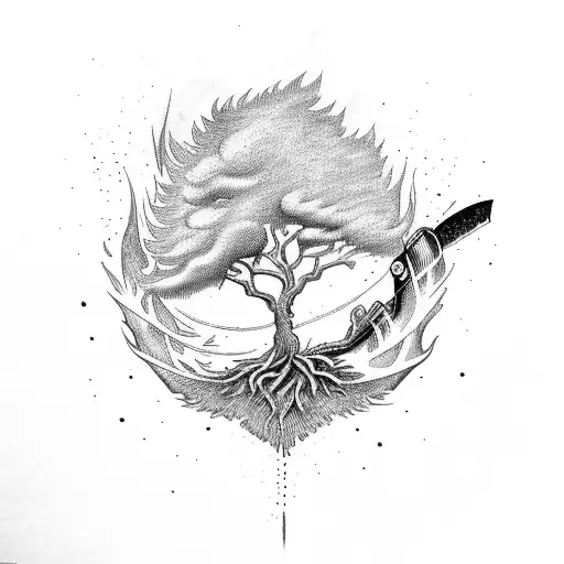 A chainsaw cutting through a flaming tree, representing the bravery of a firefighter tattoo design idea