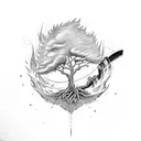 A chainsaw cutting through a flaming tree, representing the bravery of a firefighter tattoo design idea