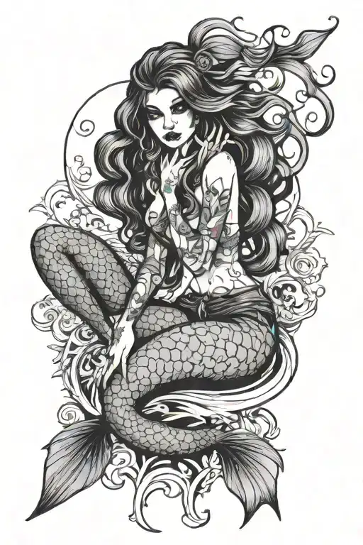 gothic mermaid sitting tattoo design idea