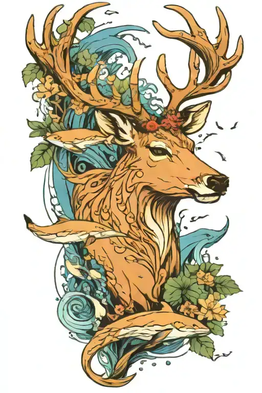 The theme is deer and whales. It gives you the feeling of seeing deer in the deep forest and whales in the blue sea. It  tattoo design idea