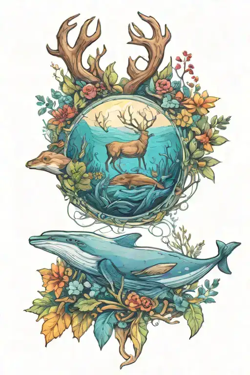The theme is deer and whales. It gives you the feeling of seeing deer in the deep forest and whales in the blue sea. It  tattoo design idea