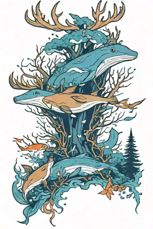 The theme is deer and whales. It gives you the feeling of seeing deer in the deep forest and whales in the blue sea. It  tattoo design idea