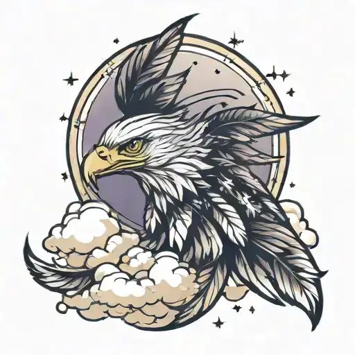 clouds and stars with eagle feather tattoo design idea