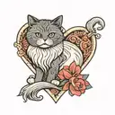 minimal heart with a persian cat streching  tattoo design idea