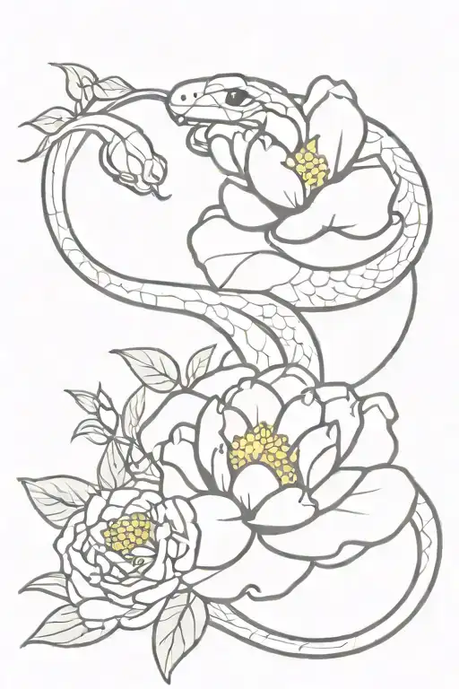 A minimalist tattoo of a snake with peony flowers blooming from its scales tattoo design idea