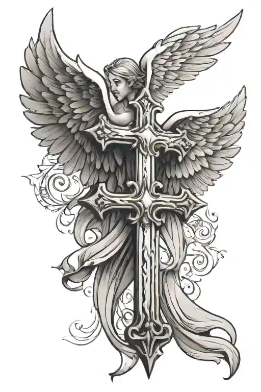 cross with angel wings and a scroll wrapped tattoo design idea