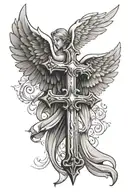 cross with angel wings and a scroll wrapped tattoo design idea