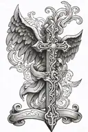 cross with angel wings and a scroll wrapped tattoo design idea