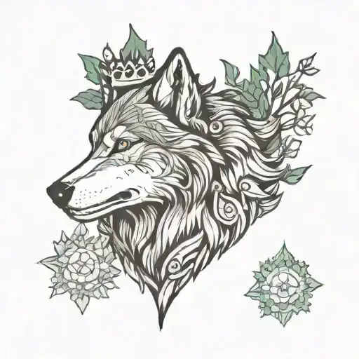 Wolf with crown adorned leaves underneath northern lights above tattoo design idea