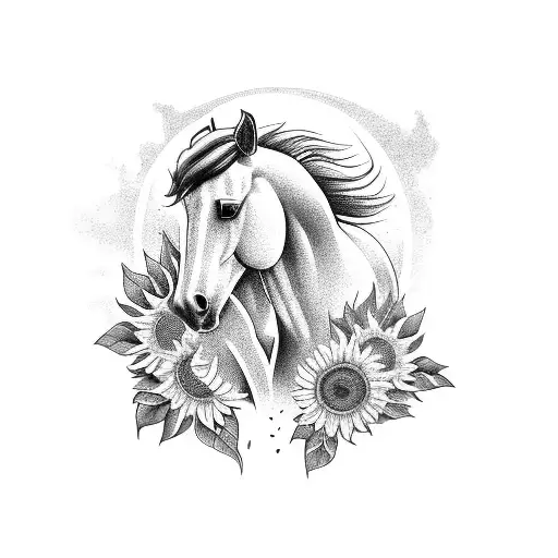 Horse with sunflowers tattoo design idea