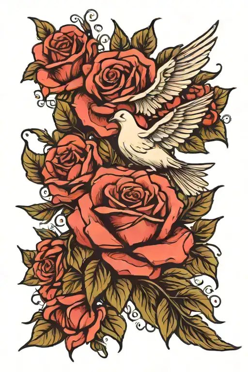 dove and rose surrounded tattoo design idea