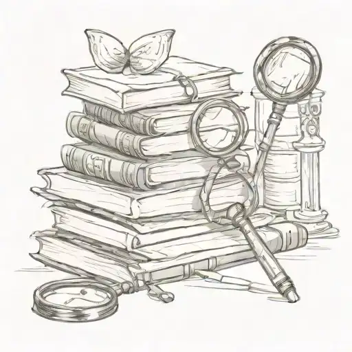 A sketch tattoo of a stack of books with a magnifying glass searching for clues, inspired by British mysteries tattoo design idea