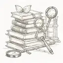 A sketch tattoo of a stack of books with a magnifying glass searching for clues, inspired by British mysteries tattoo design idea