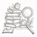 A sketch tattoo of a stack of books with a magnifying glass searching for clues, inspired by British mysteries tattoo design idea