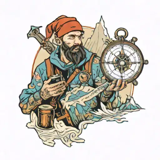 Compass maps guy with hoddy holding phone time it's 5:00 am mountains  tattoo design idea