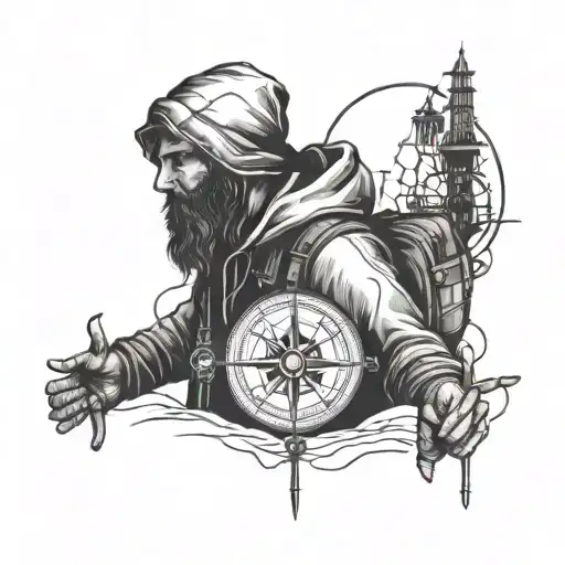Compass guy with hoddy holding phone walking in a long distance looking back for sunrise tattoo design idea
