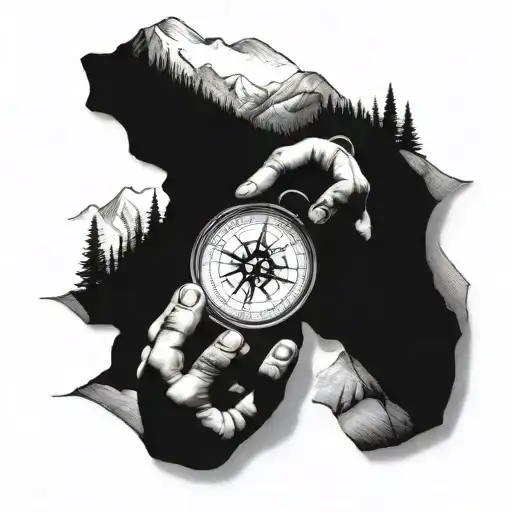 Compass maps guy with hoddy holding phone time it's 5:00 am mountains  tattoo design idea