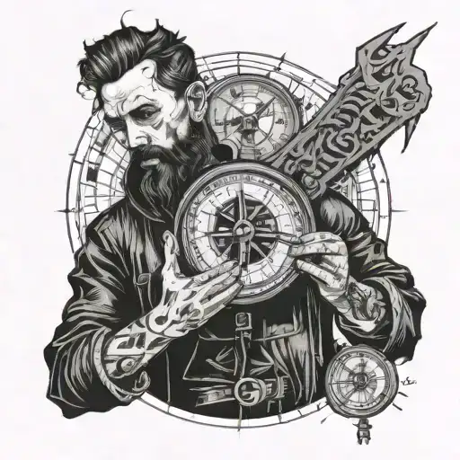 Compass maps guy with hoddy holding phone time it's 5:00 am  tattoo design idea