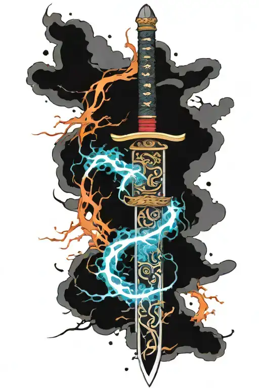 samurai sword with elements of  fire, Lightning, Earth and ice surrounding it tattoo design idea