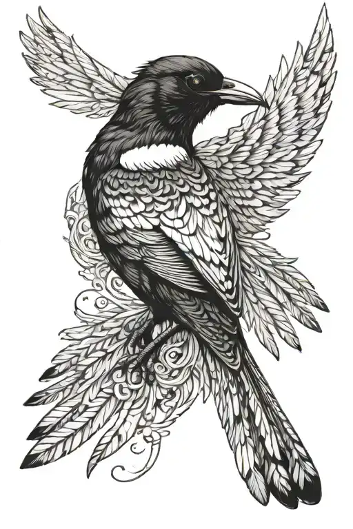 a magpie from the front with both wings outstretched tattoo design idea