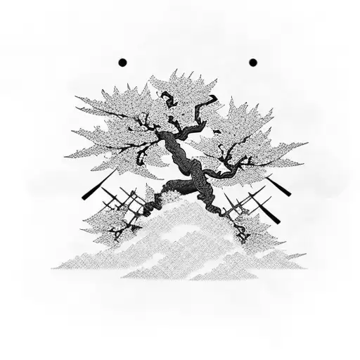 Japanese cherry blossom tree with a samurai sword hidden among the branches tattoo design idea