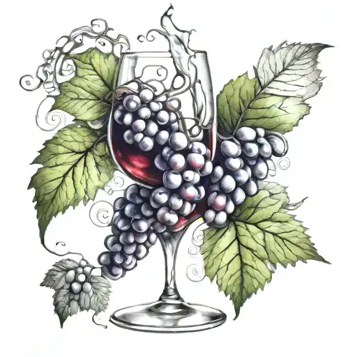 grapes falling into a wine glass, with leaf background, tatoo style tattoo design idea