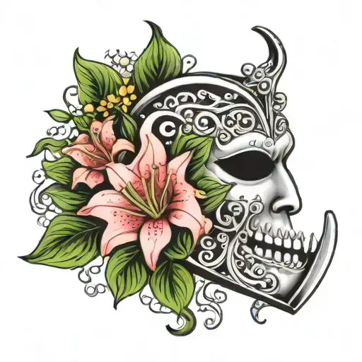 gemini zodiac sign flower lily of the valley vase mask tattoo design idea