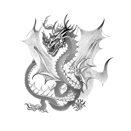 dragon, japanese demon and katana tattoo design idea
