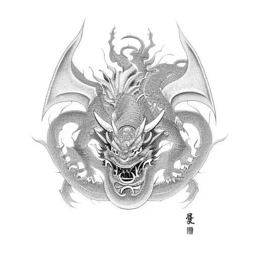 Japanese demon and dragon in a fierce battle tattoo design idea