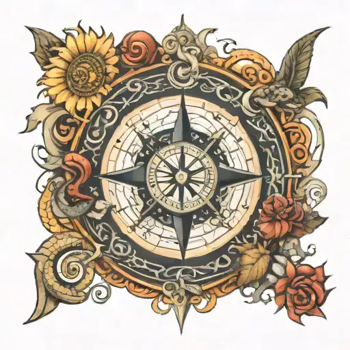 A tattoo design combining a compass rose with dancing figures and a sun, framed by snake motifs tattoo design idea
