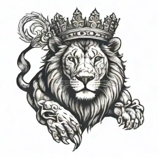 A lion wearing a crown, standing proudly in the center of a bustling cityscape tattoo design idea