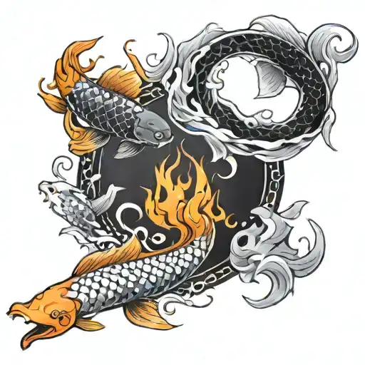 yin and yang koi fish swimming in a circle with a pool of spiritual flames in the background  tattoo design idea