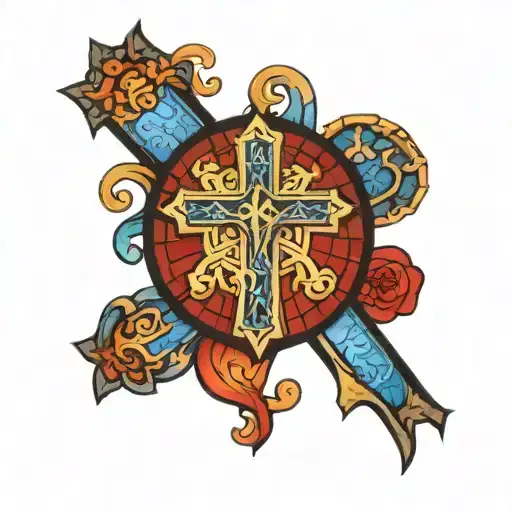 roman catholic cross surrounded by stained glass tattoo design idea