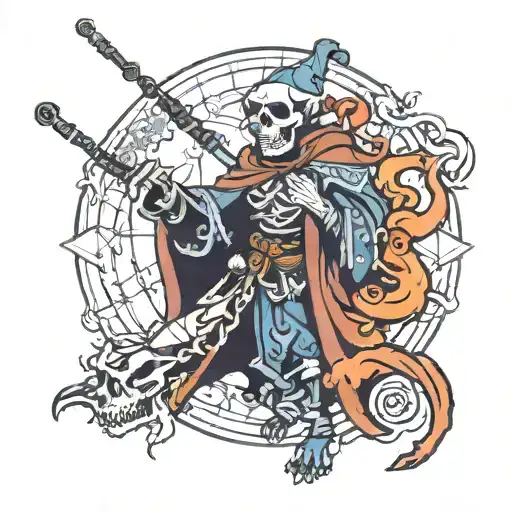 Skeleton Mage Pointing a Staff at Dragons  tattoo design idea