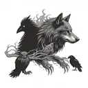 Design a tattoo of a wolf, owl, and raven together tattoo design idea