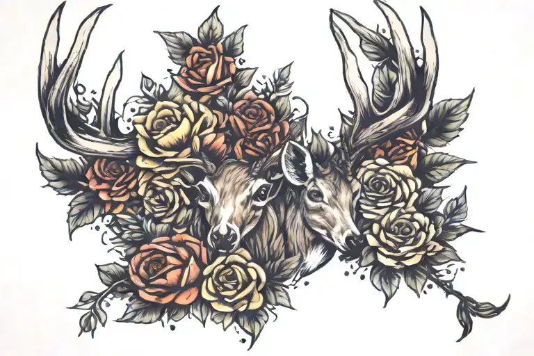deer antlers roses and sunflowers tattoo design idea