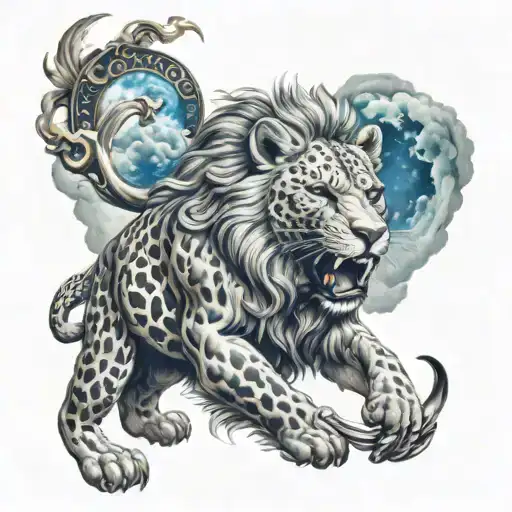 lion, moon, belt, leopard, flame torch, blue clouds, werewolf tattoo design idea