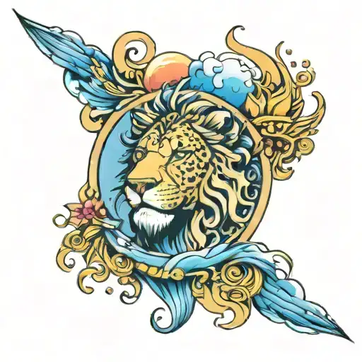 lion, moon, belt, leopard, flame torch, blue clouds,  tattoo design idea