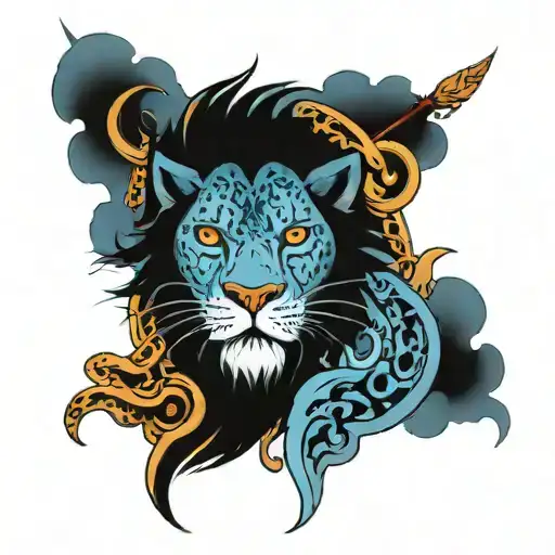 lion, moon, belt, leopard, flame torch, blue clouds, werewolf tattoo design idea