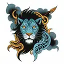 lion, moon, belt, leopard, flame torch, blue clouds, werewolf tattoo design idea